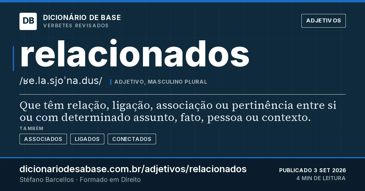 Cartão do verbete relacionados: Que têm relação, ligação, associação ou pertinência entre si ou com determinado assunto, fato, pessoa ou contexto.