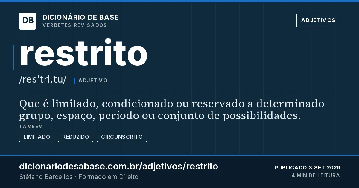 Cartão do verbete restrito: Que é limitado, condicionado ou reservado a determinado grupo, espaço, período ou conjunto de possibilidades.