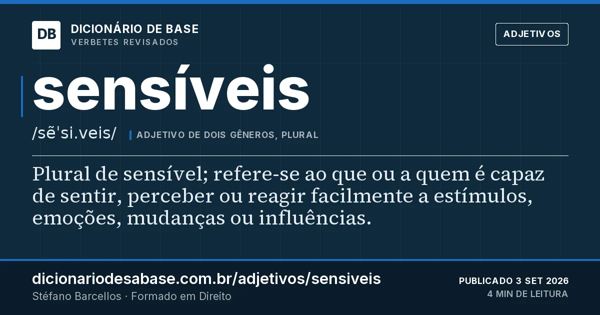 Cartão do verbete sensíveis: Plural de sensível; refere-se ao que ou a quem é capaz de sentir, perceber ou reagir facilmente a estímulos, emoções…