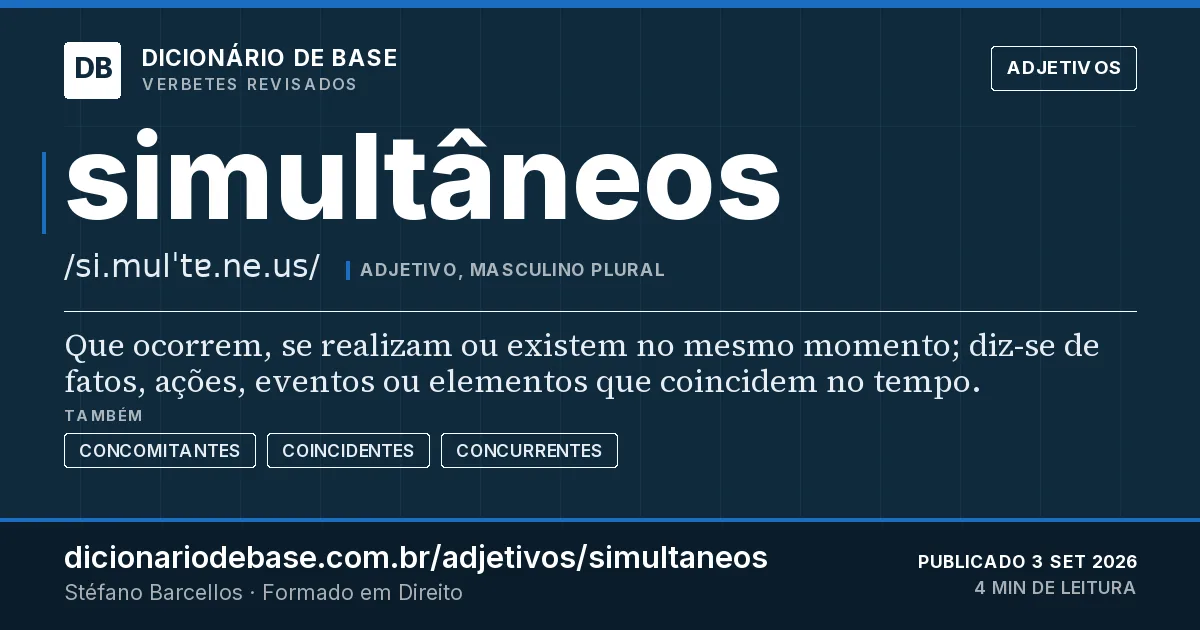 Cartão do verbete simultâneos: Que ocorrem, se realizam ou existem no mesmo momento; diz-se de fatos, ações, eventos ou elementos que coincidem no…
