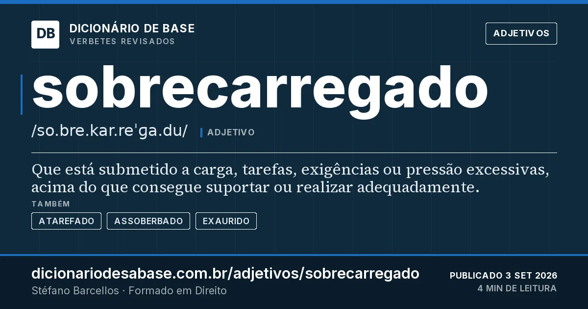 Cartão do verbete sobrecarregado: Que está submetido a carga, tarefas, exigências ou pressão excessivas, acima do que consegue suportar ou realizar…