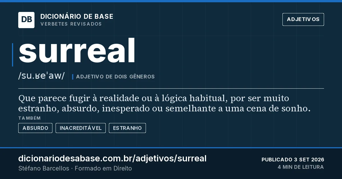 Cartão do verbete surreal: Que parece fugir à realidade ou à lógica habitual, por ser muito estranho, absurdo, inesperado ou semelhante a uma cena…