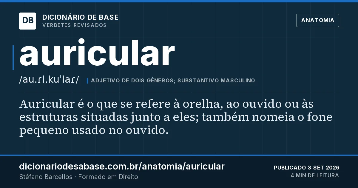 Cartão do verbete auricular: Auricular é o que se refere à orelha, ao ouvido ou às estruturas situadas junto a eles; também nomeia o fone pequeno…