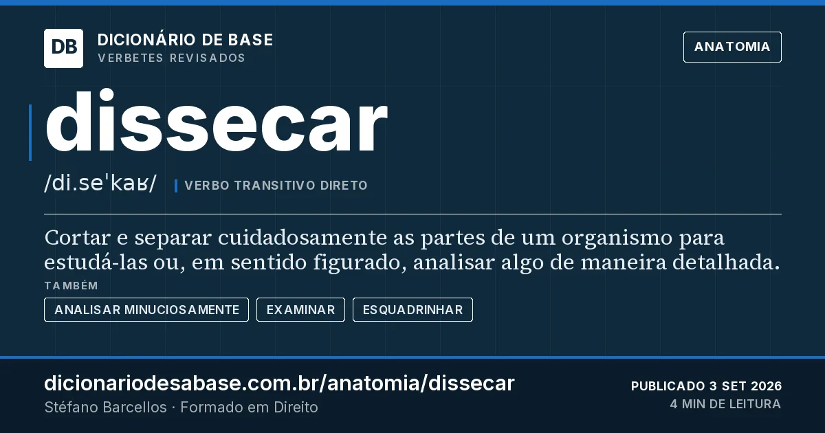 Cartão do verbete dissecar: Cortar e separar cuidadosamente as partes de um organismo para estudá-las ou, em sentido figurado, analisar algo de…