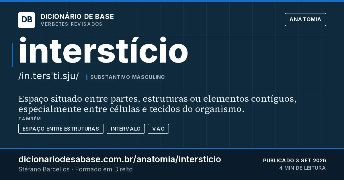 Cartão do verbete interstício: Espaço situado entre partes, estruturas ou elementos contíguos, especialmente entre células e tecidos do organismo.