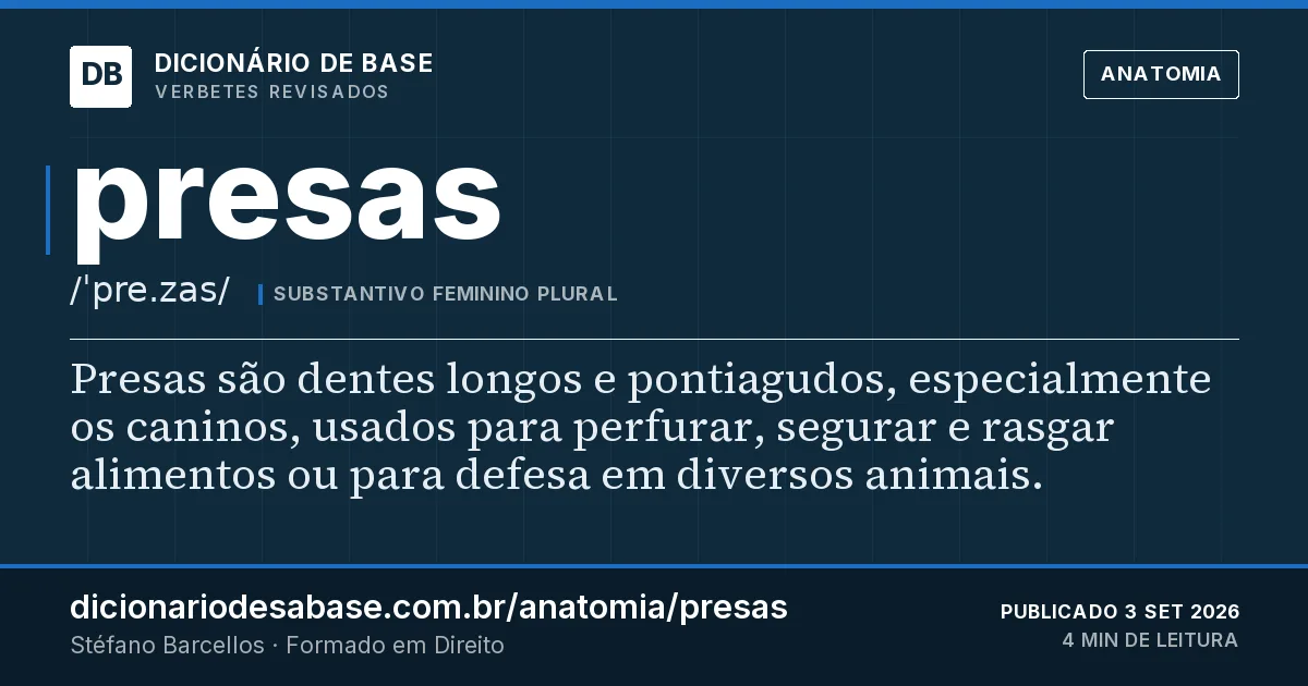 Cartão do verbete presas: Presas são dentes longos e pontiagudos, especialmente os caninos, usados para perfurar, segurar e rasgar alimentos ou…