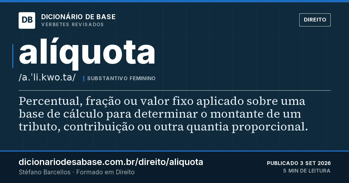 Cartão do verbete alíquota: Percentual, fração ou valor fixo aplicado sobre uma base de cálculo para determinar o montante de um tributo…