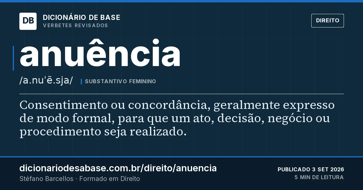 Cartão do verbete anuência: Consentimento ou concordância, geralmente expresso de modo formal, para que um ato, decisão, negócio ou procedimento…