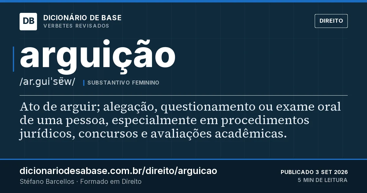 Cartão do verbete arguição: Ato de arguir; alegação, questionamento ou exame oral de uma pessoa, especialmente em procedimentos jurídicos…
