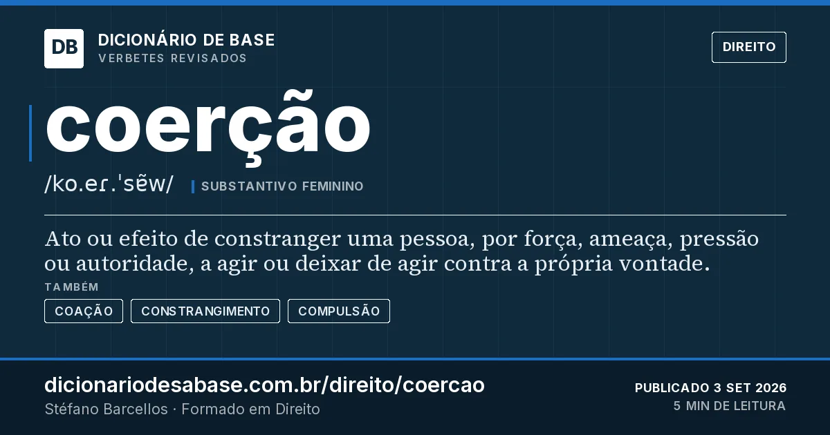 Cartão do verbete coerção: Ato ou efeito de constranger uma pessoa, por força, ameaça, pressão ou autoridade, a agir ou deixar de agir contra a…