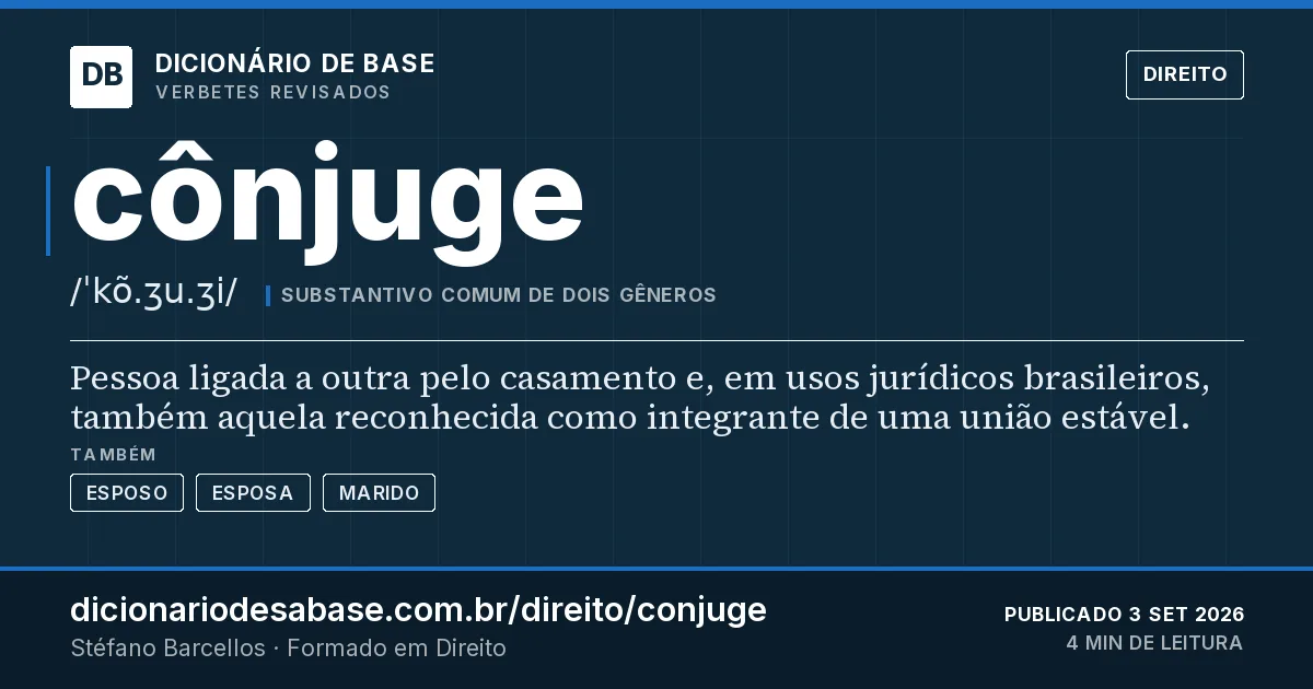 Cartão do verbete cônjuge: Pessoa ligada a outra pelo casamento e, em usos jurídicos brasileiros, também aquela reconhecida como integrante de uma…