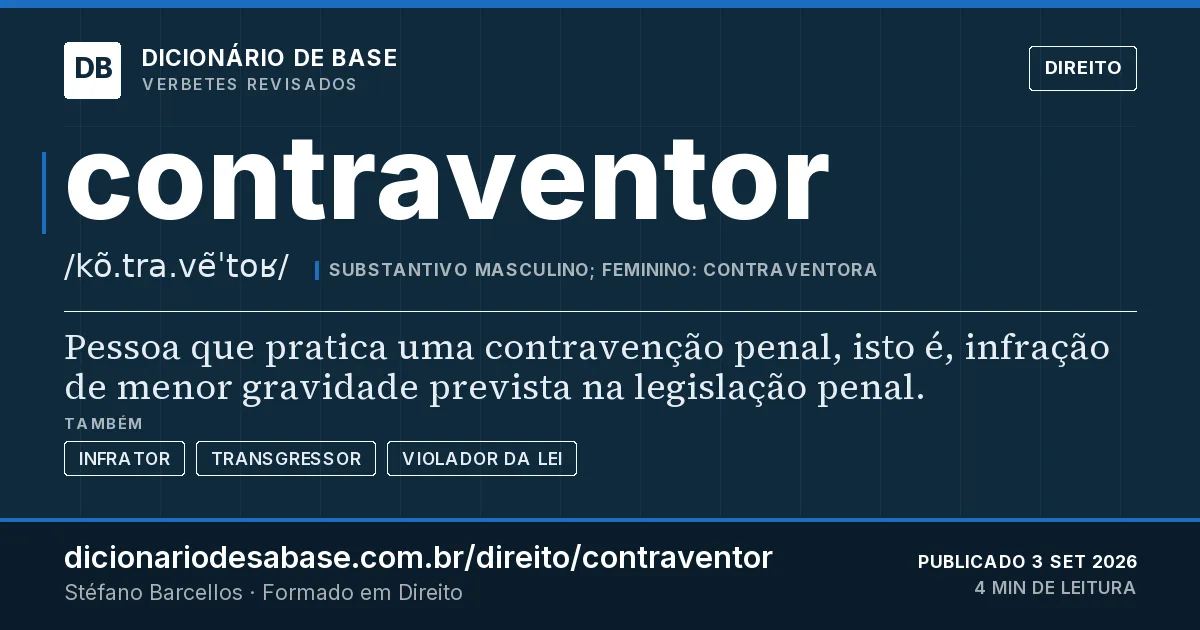 Cartão do verbete contraventor: Pessoa que pratica uma contravenção penal, isto é, infração de menor gravidade prevista na legislação penal.