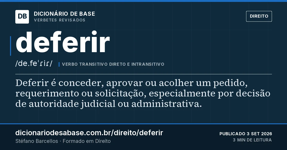 Cartão do verbete deferir: Deferir é conceder, aprovar ou acolher um pedido, requerimento ou solicitação, especialmente por decisão de autoridade…