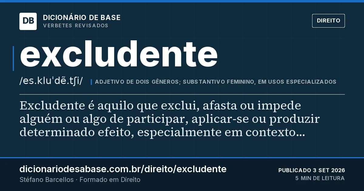 Cartão do verbete excludente: Excludente é aquilo que exclui, afasta ou impede alguém ou algo de participar, aplicar-se ou produzir determinado…