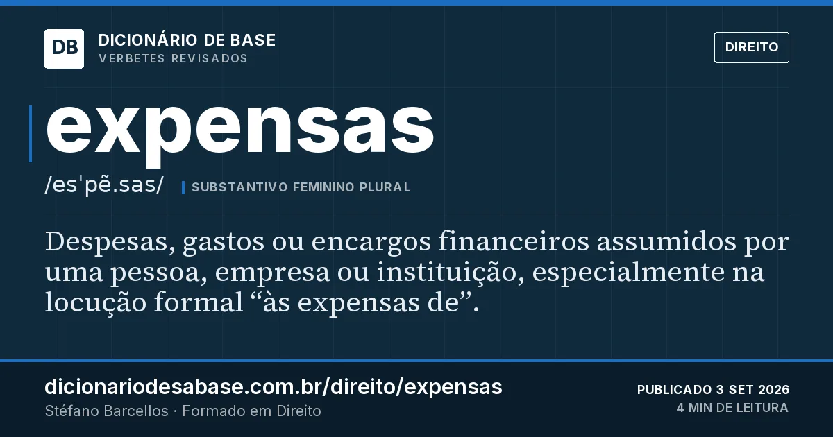 Cartão do verbete expensas: Despesas, gastos ou encargos financeiros assumidos por uma pessoa, empresa ou instituição, especialmente na locução…