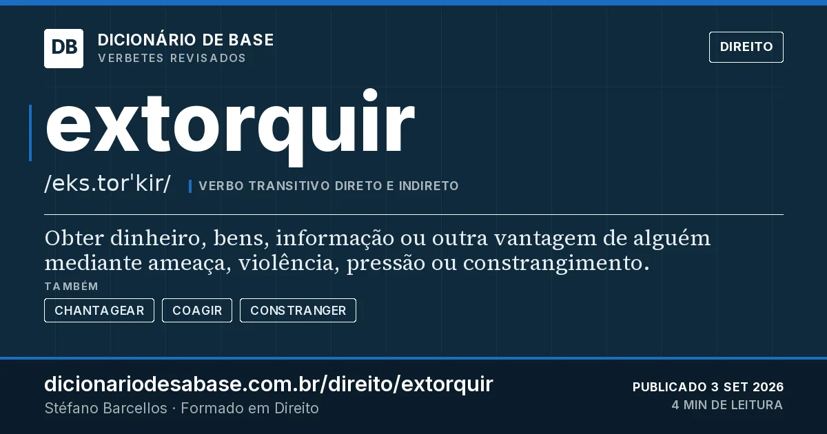 Cartão do verbete extorquir: Obter dinheiro, bens, informação ou outra vantagem de alguém mediante ameaça, violência, pressão ou constrangimento.
