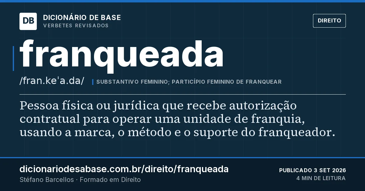 Cartão do verbete franqueada: Pessoa física ou jurídica que recebe autorização contratual para operar uma unidade de franquia, usando a marca, o…
