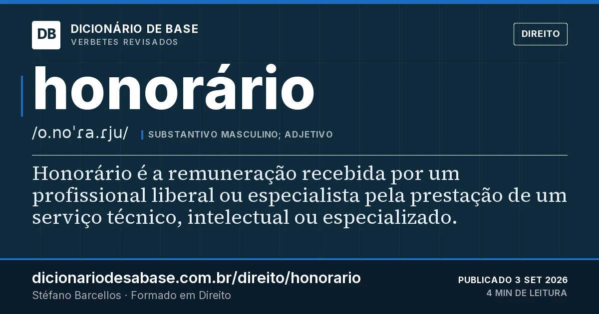 Cartão do verbete honorário: Honorário é a remuneração recebida por um profissional liberal ou especialista pela prestação de um serviço técnico…