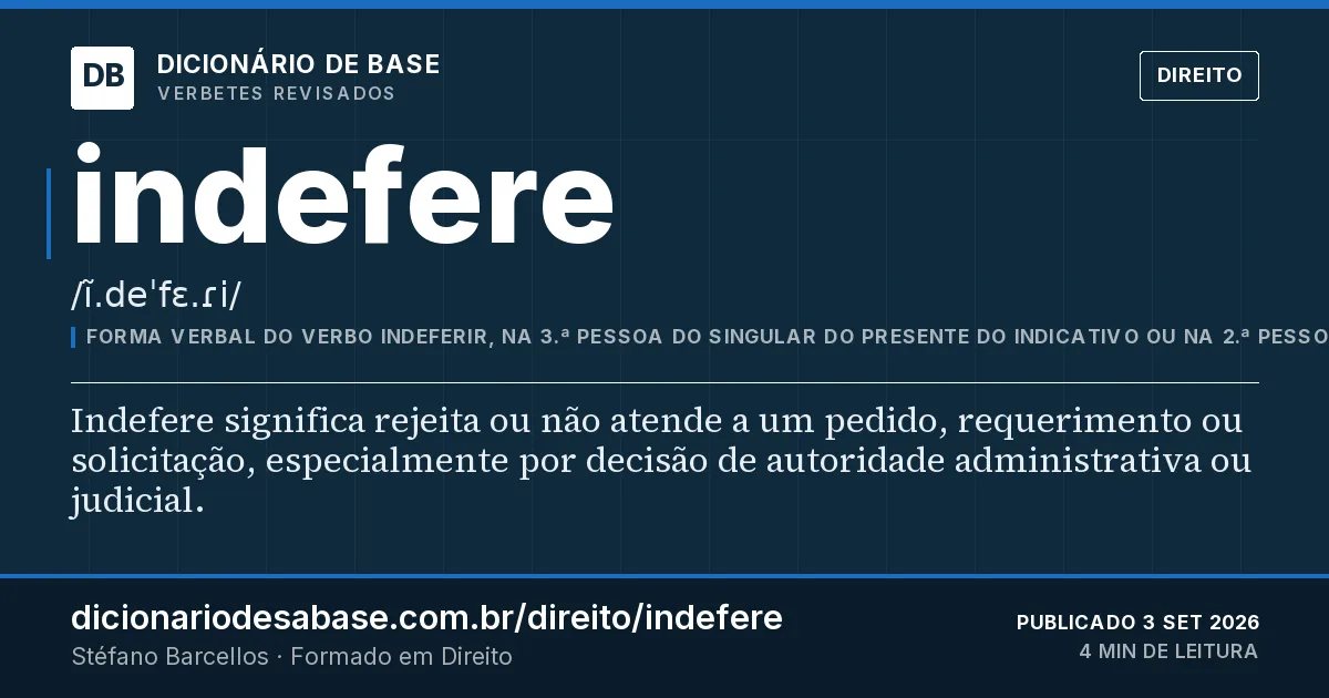 Cartão do verbete indefere: Indefere significa rejeita ou não atende a um pedido, requerimento ou solicitação, especialmente por decisão de…