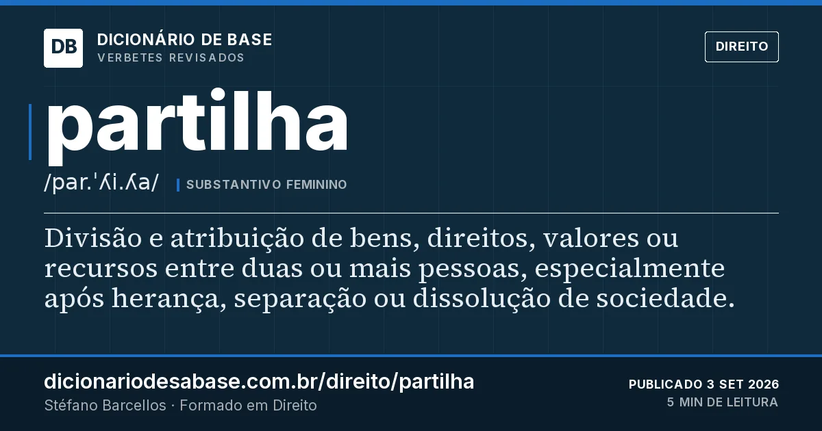 Cartão do verbete partilha: Divisão e atribuição de bens, direitos, valores ou recursos entre duas ou mais pessoas, especialmente após herança…