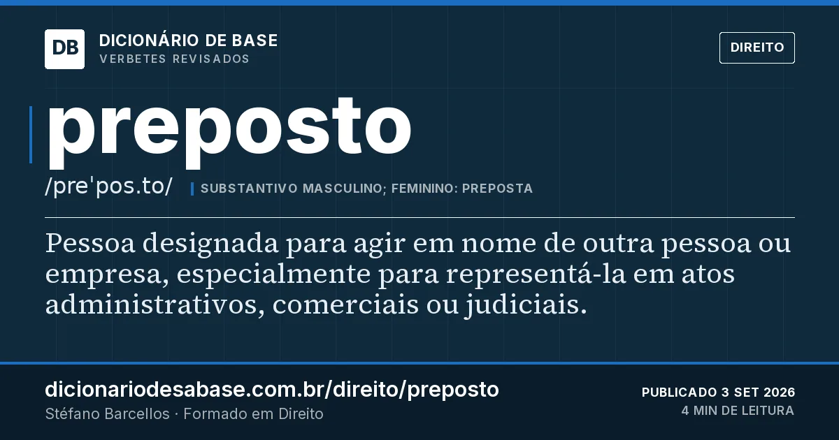 Cartão do verbete preposto: Pessoa designada para agir em nome de outra pessoa ou empresa, especialmente para representá-la em atos…