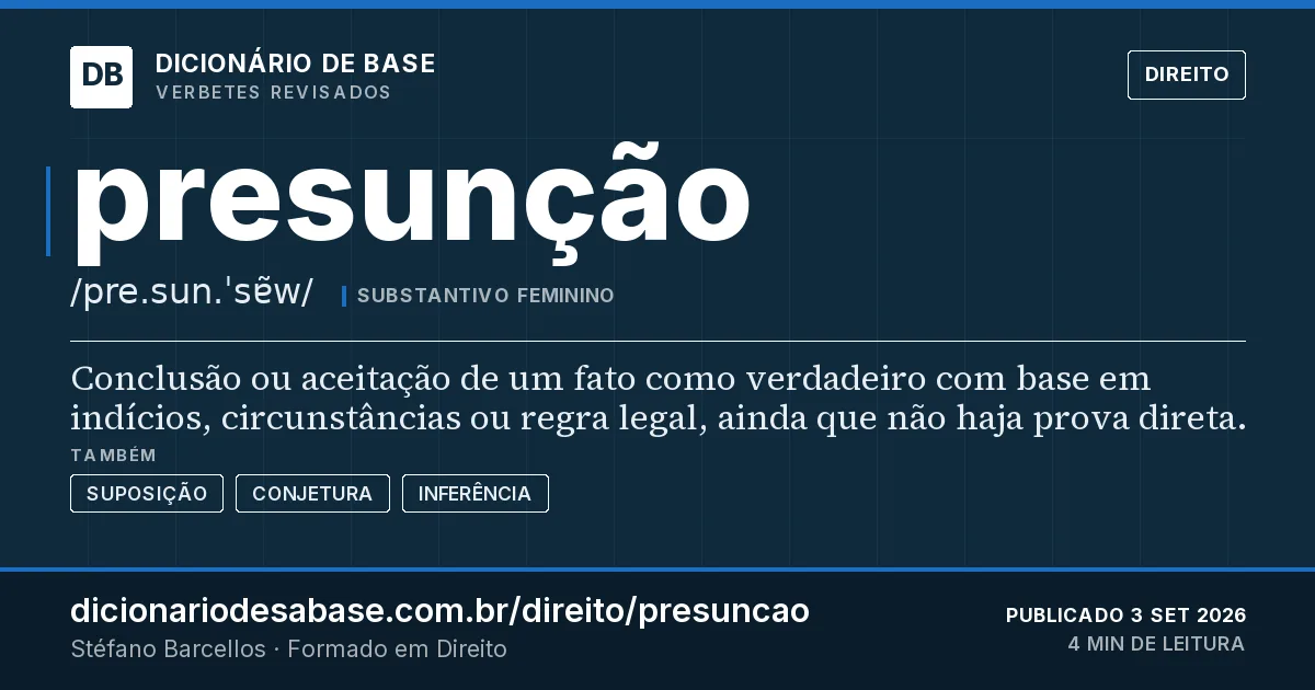 Cartão do verbete presunção: Conclusão ou aceitação de um fato como verdadeiro com base em indícios, circunstâncias ou regra legal, ainda que não…