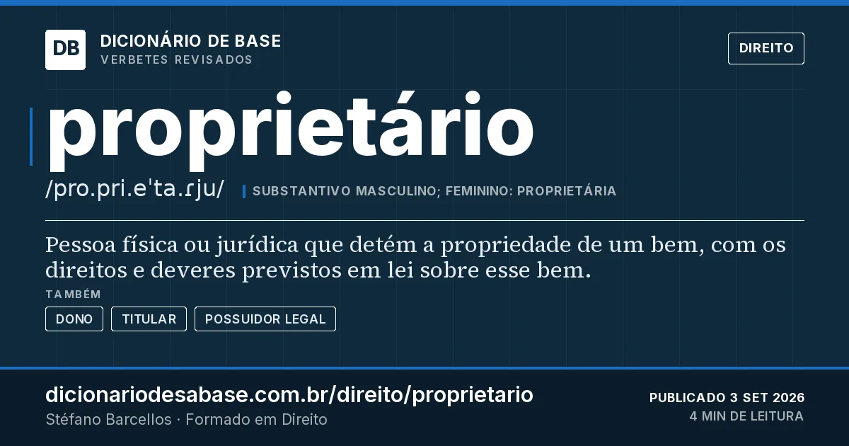 Cartão do verbete proprietário: Pessoa física ou jurídica que detém a propriedade de um bem, com os direitos e deveres previstos em lei sobre esse bem.
