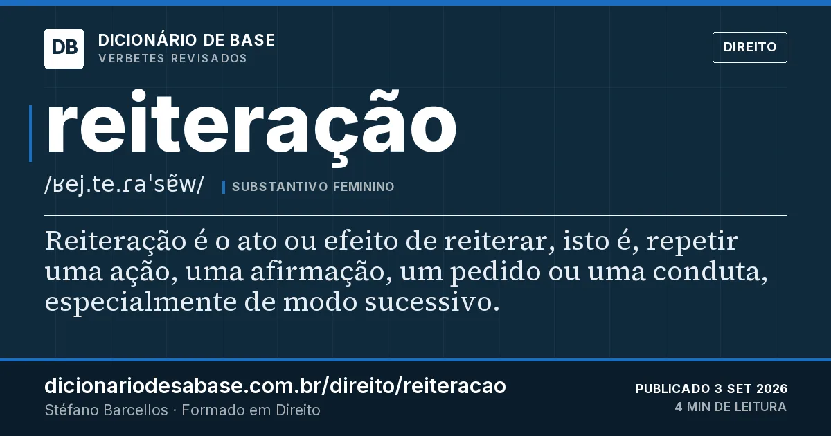 Cartão do verbete reiteração: Reiteração é o ato ou efeito de reiterar, isto é, repetir uma ação, uma afirmação, um pedido ou uma conduta…