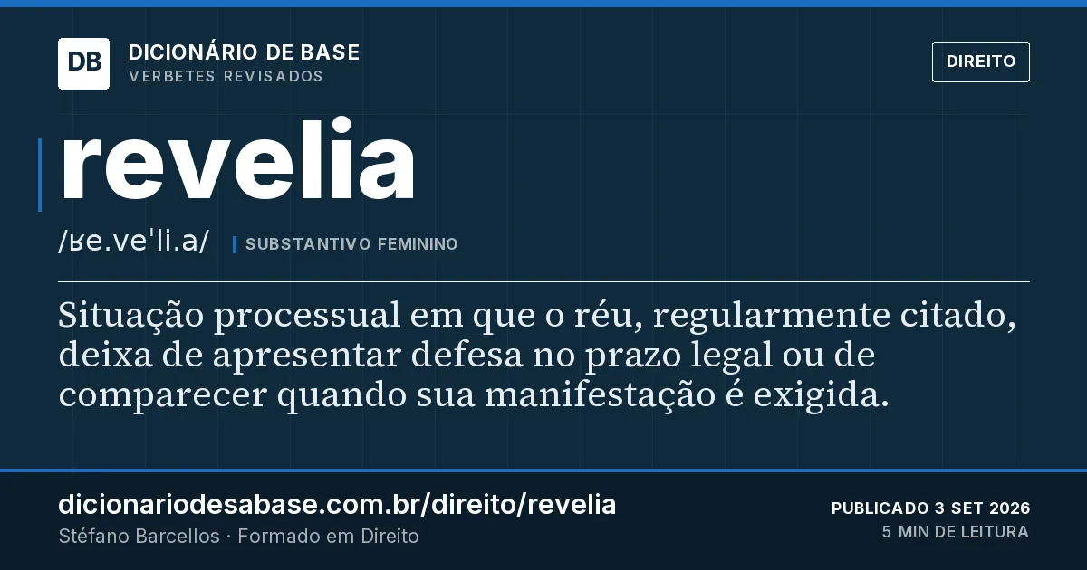 Cartão do verbete revelia: Situação processual em que o réu, regularmente citado, deixa de apresentar defesa no prazo legal ou de comparecer…