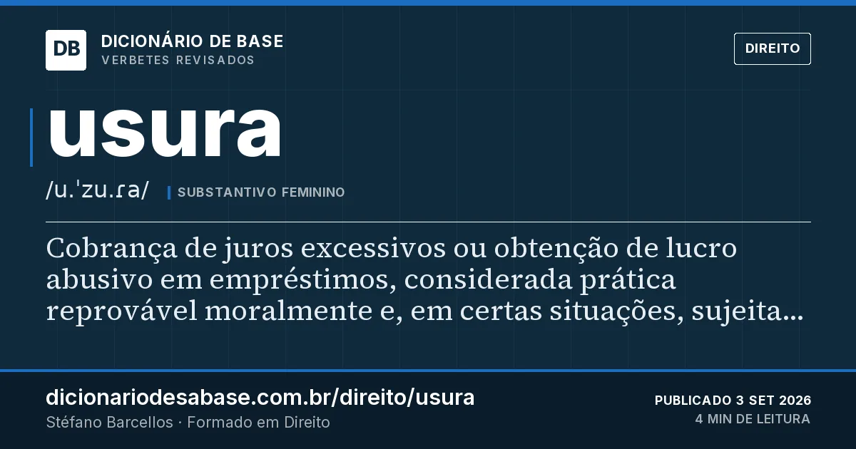 Cartão do verbete usura: Cobrança de juros excessivos ou obtenção de lucro abusivo em empréstimos, considerada prática reprovável moralmente e…