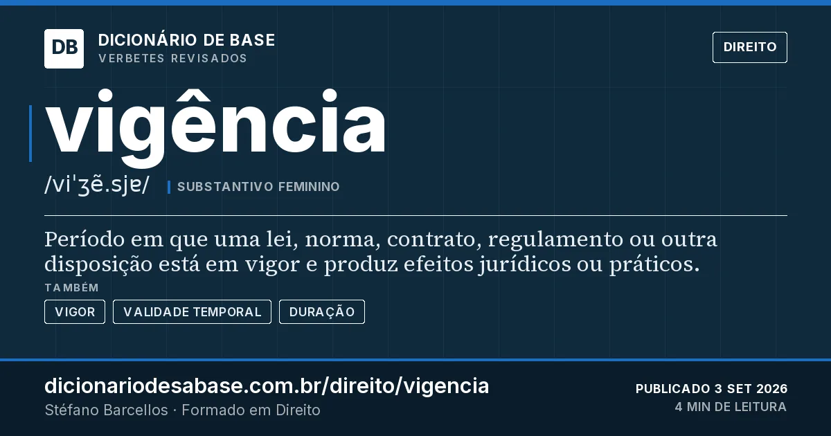 Cartão do verbete vigência: Período em que uma lei, norma, contrato, regulamento ou outra disposição está em vigor e produz efeitos jurídicos ou…