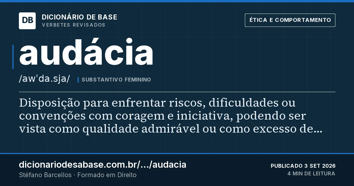 Cartão do verbete audácia: Disposição para enfrentar riscos, dificuldades ou convenções com coragem e iniciativa, podendo ser vista como qualidade…