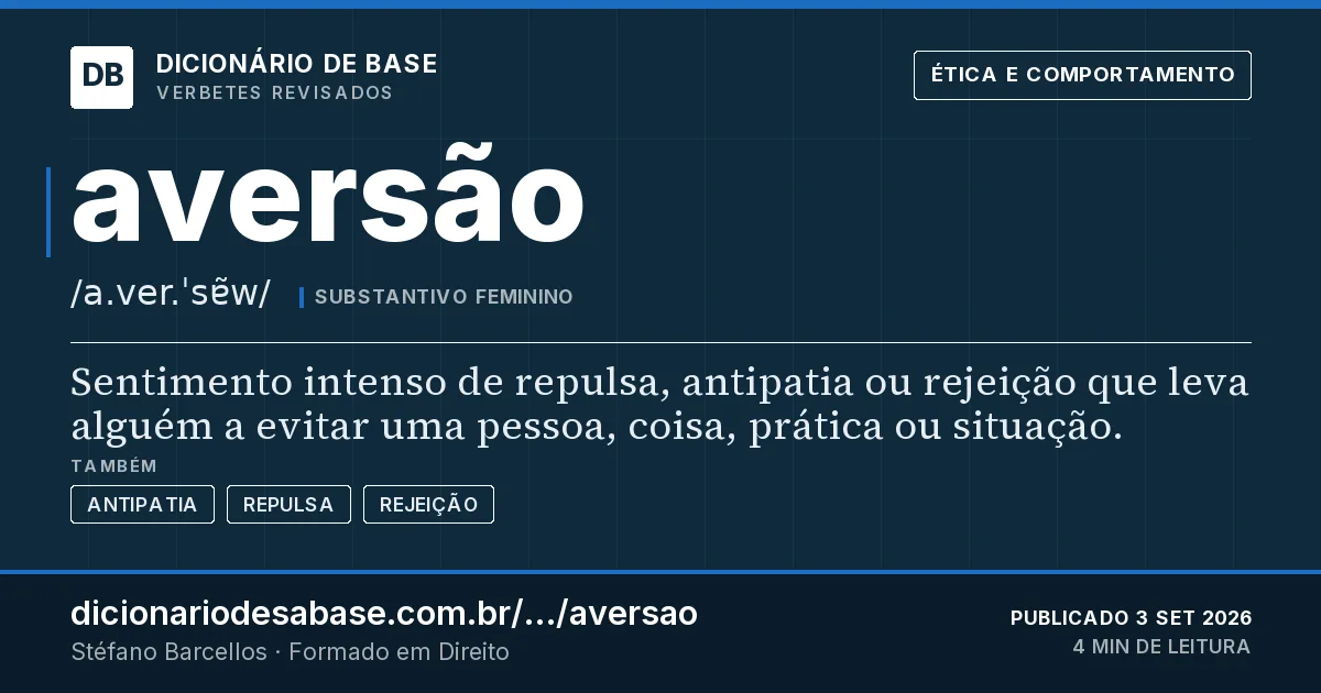 Cartão do verbete aversão: Sentimento intenso de repulsa, antipatia ou rejeição que leva alguém a evitar uma pessoa, coisa, prática ou situação.