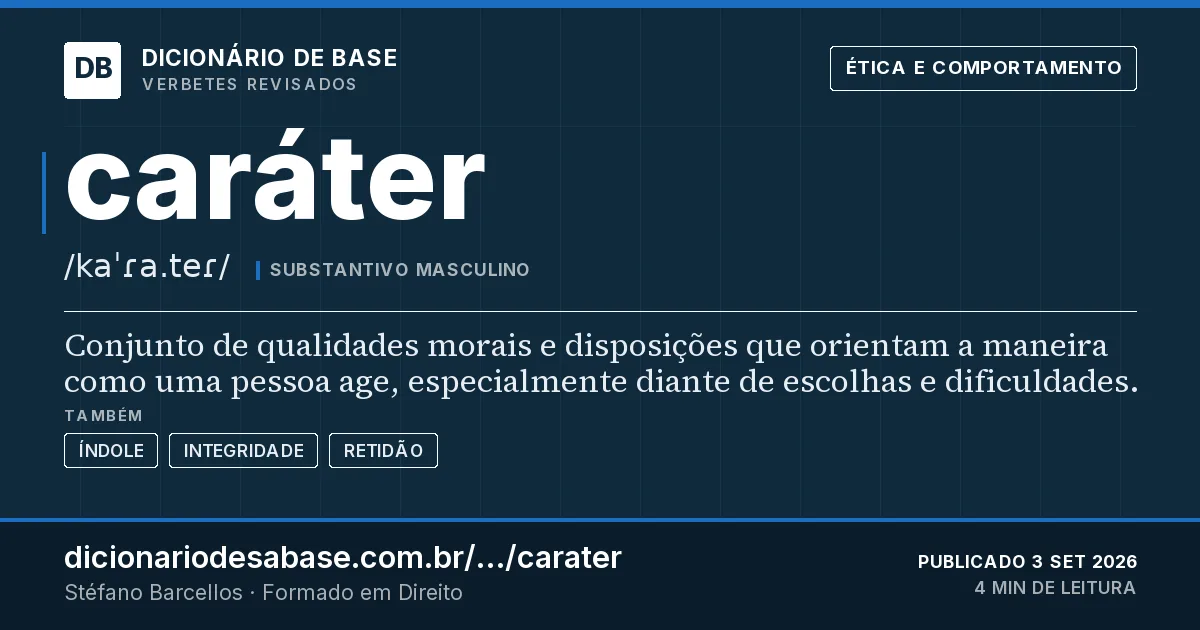 Cartão do verbete caráter: Conjunto de qualidades morais e disposições que orientam a maneira como uma pessoa age, especialmente diante de…