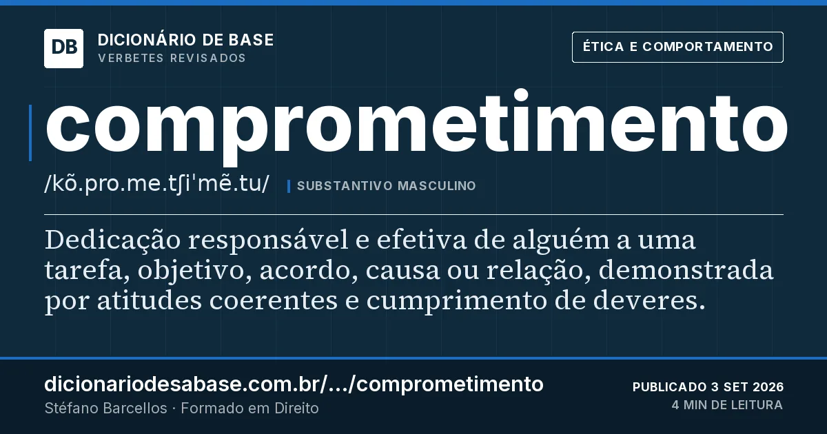 Cartão do verbete comprometimento: Dedicação responsável e efetiva de alguém a uma tarefa, objetivo, acordo, causa ou relação, demonstrada por atitudes…