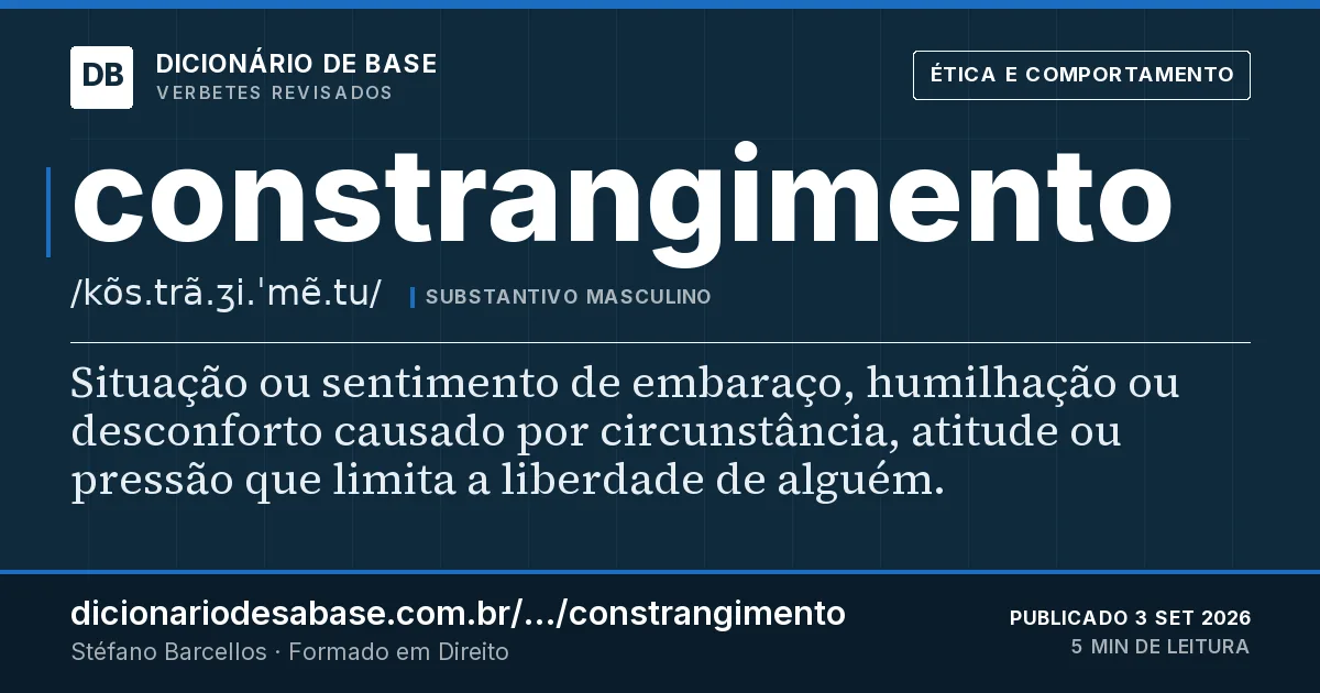 Cartão do verbete constrangimento: Situação ou sentimento de embaraço, humilhação ou desconforto causado por circunstância, atitude ou pressão que limita…