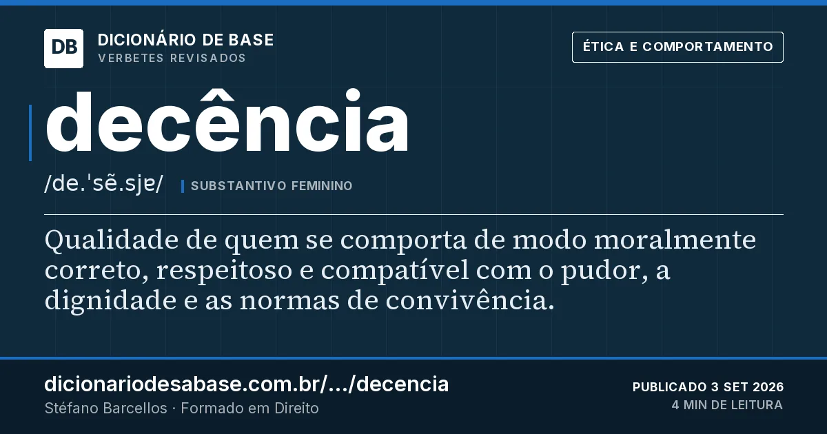 Cartão do verbete decência: Qualidade de quem se comporta de modo moralmente correto, respeitoso e compatível com o pudor, a dignidade e as normas…