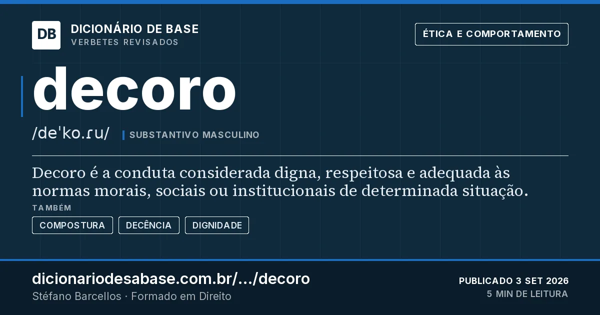 Cartão do verbete decoro: Decoro é a conduta considerada digna, respeitosa e adequada às normas morais, sociais ou institucionais de determinada…