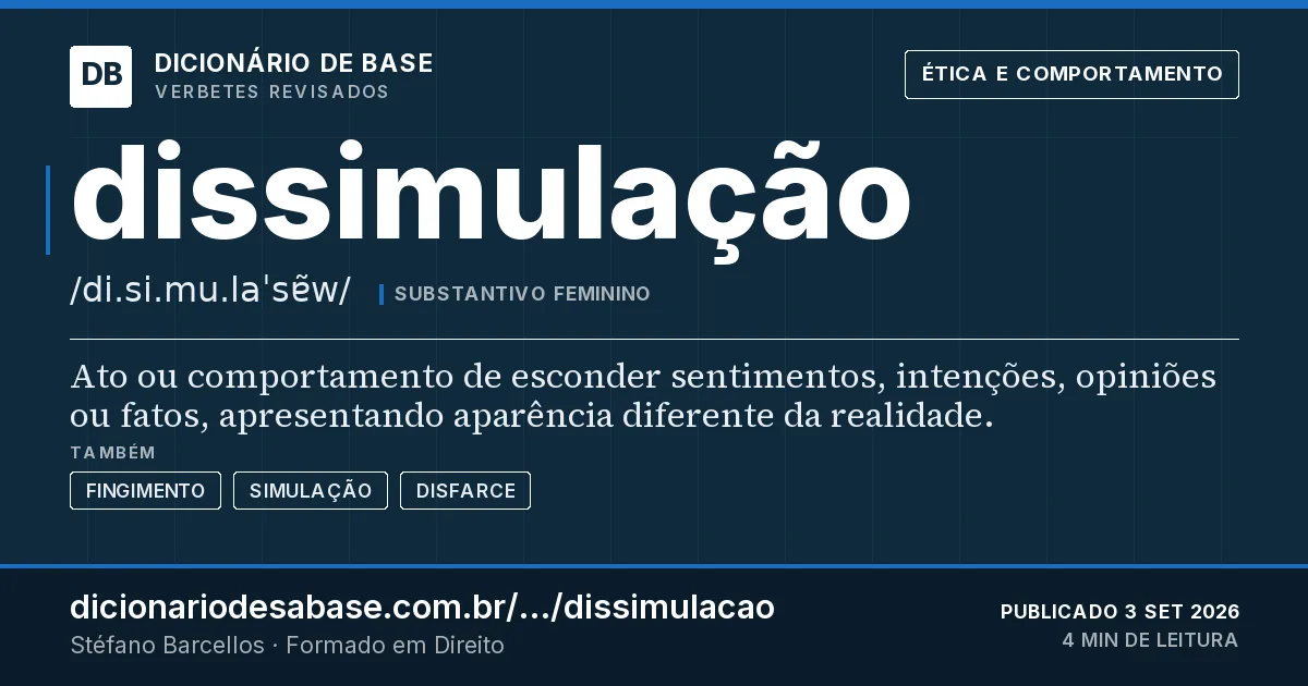 Cartão do verbete dissimulação: Ato ou comportamento de esconder sentimentos, intenções, opiniões ou fatos, apresentando aparência diferente da…