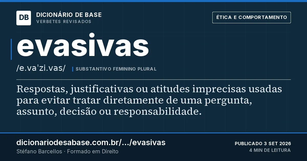 Cartão do verbete evasivas: Respostas, justificativas ou atitudes imprecisas usadas para evitar tratar diretamente de uma pergunta, assunto…