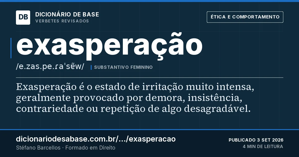 Cartão do verbete exasperação: Exasperação é o estado de irritação muito intensa, geralmente provocado por demora, insistência, contrariedade ou…