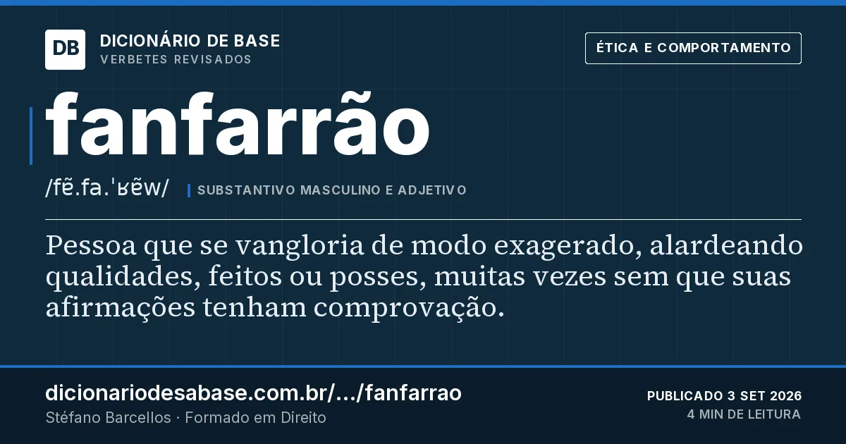 Cartão do verbete fanfarrão: Pessoa que se vangloria de modo exagerado, alardeando qualidades, feitos ou posses, muitas vezes sem que suas…