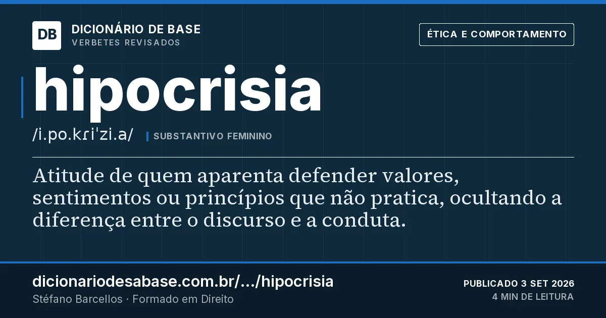 Cartão do verbete hipocrisia: Atitude de quem aparenta defender valores, sentimentos ou princípios que não pratica, ocultando a diferença entre o…