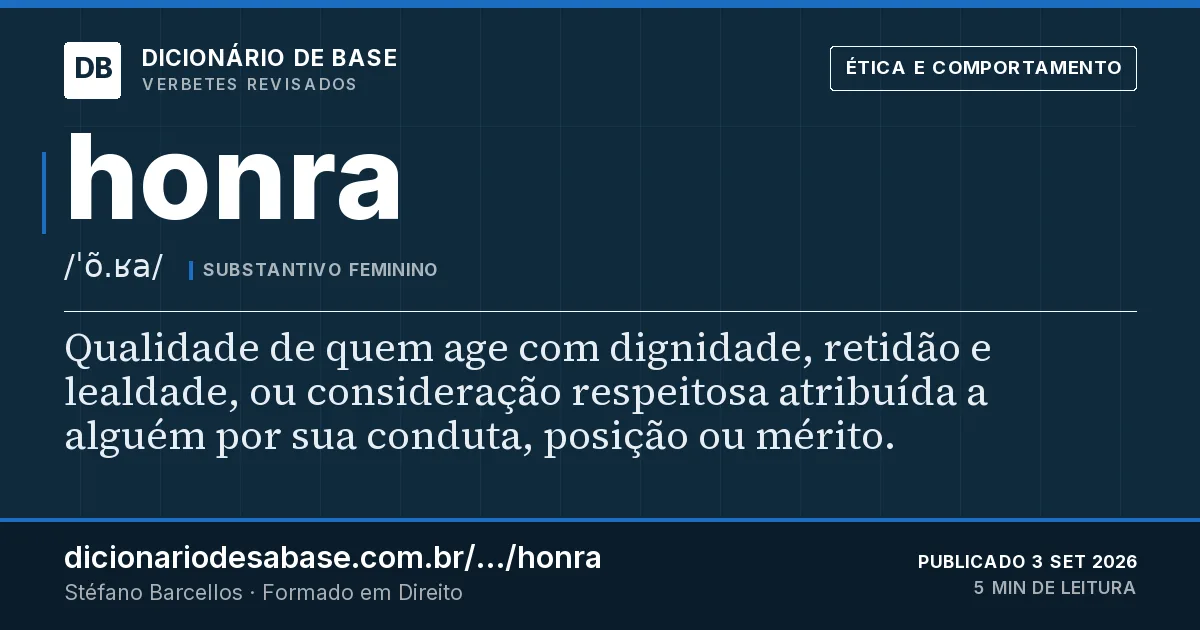 Cartão do verbete honra: Qualidade de quem age com dignidade, retidão e lealdade, ou consideração respeitosa atribuída a alguém por sua conduta…