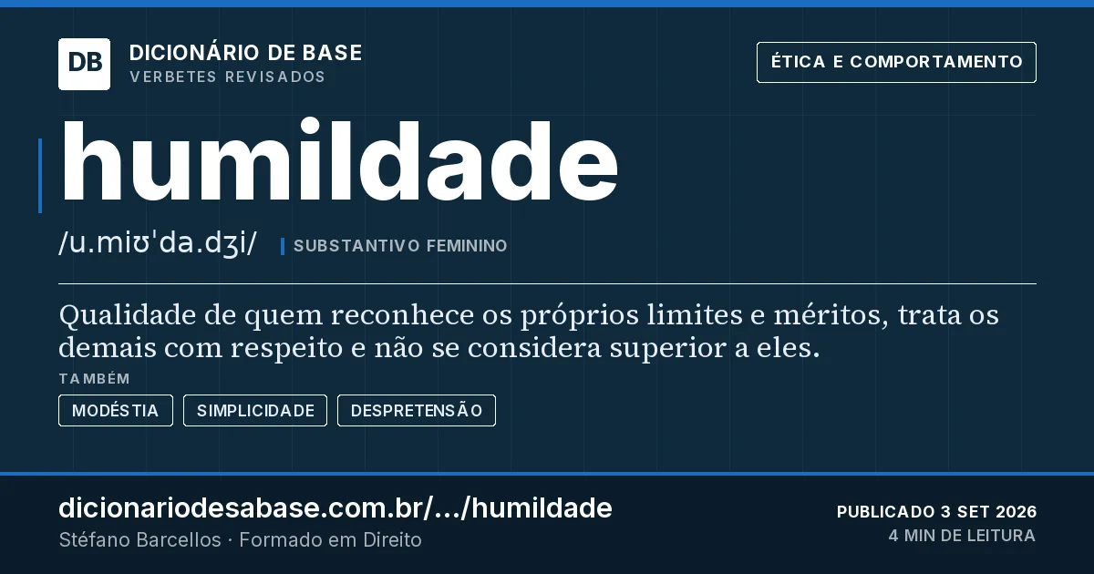 Cartão do verbete humildade: Qualidade de quem reconhece os próprios limites e méritos, trata os demais com respeito e não se considera superior a…
