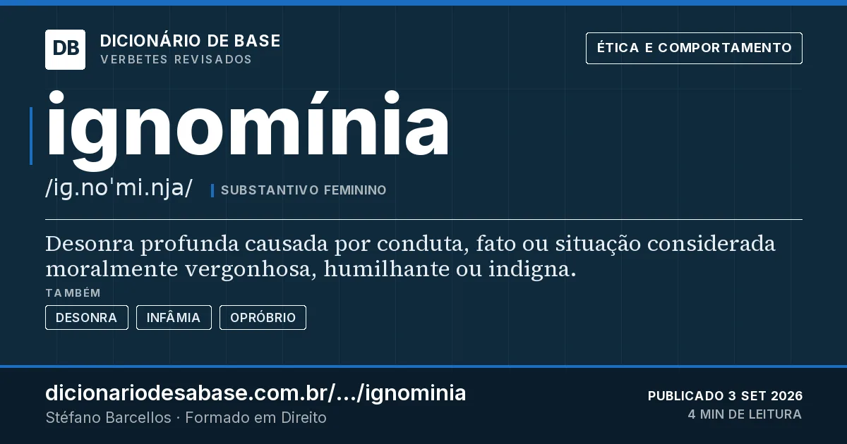 Cartão do verbete ignomínia: Desonra profunda causada por conduta, fato ou situação considerada moralmente vergonhosa, humilhante ou indigna.
