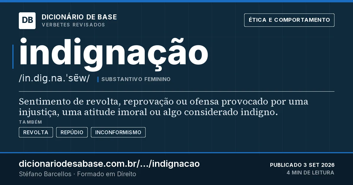 Cartão do verbete indignação: Sentimento de revolta, reprovação ou ofensa provocado por uma injustiça, uma atitude imoral ou algo considerado indigno.