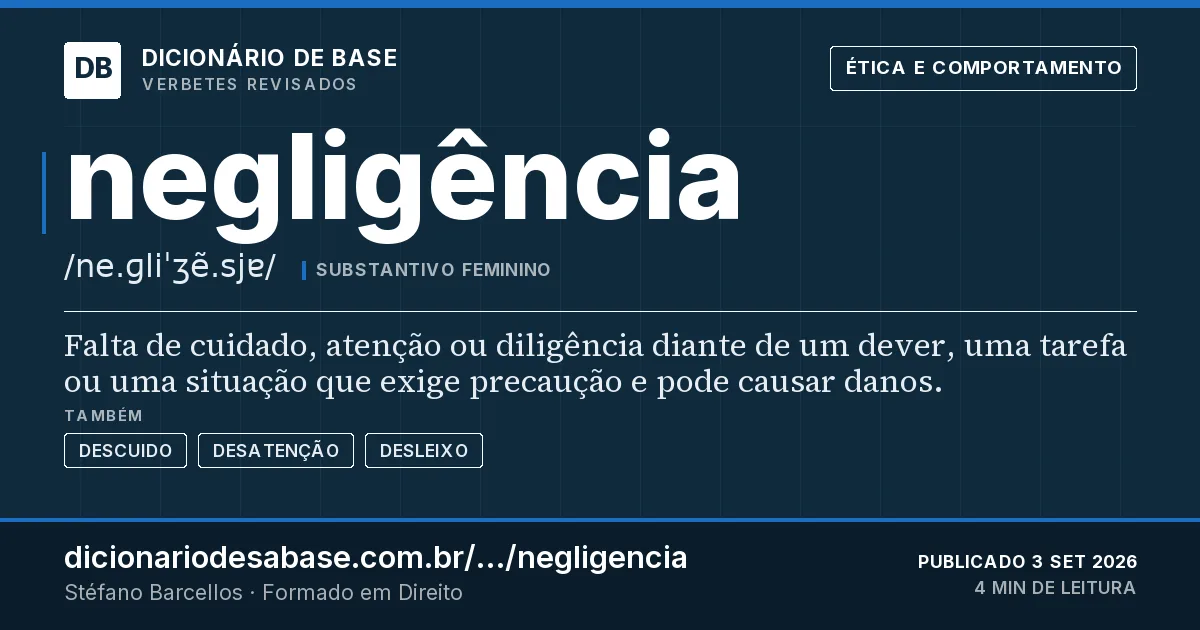 Cartão do verbete negligência: Falta de cuidado, atenção ou diligência diante de um dever, uma tarefa ou uma situação que exige precaução e pode…