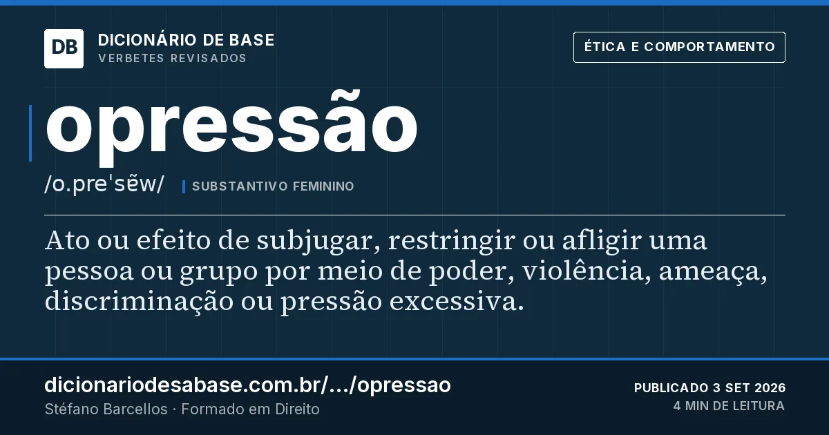 Cartão do verbete opressão: Ato ou efeito de subjugar, restringir ou afligir uma pessoa ou grupo por meio de poder, violência, ameaça…