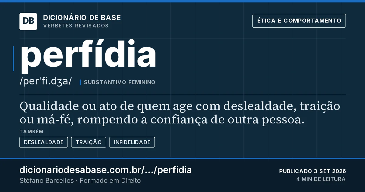 Cartão do verbete perfídia: Qualidade ou ato de quem age com deslealdade, traição ou má-fé, rompendo a confiança de outra pessoa.